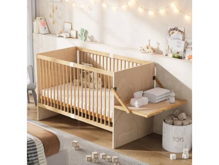 QQJIN Babybett Holz Massiv Kiefer Natur 140x70x95cm mit Wickeltisch Ablage Gitterbett Mit 4-Fach Höhenverstellung Lattenrost Baby Cot Baby Bed Stabil