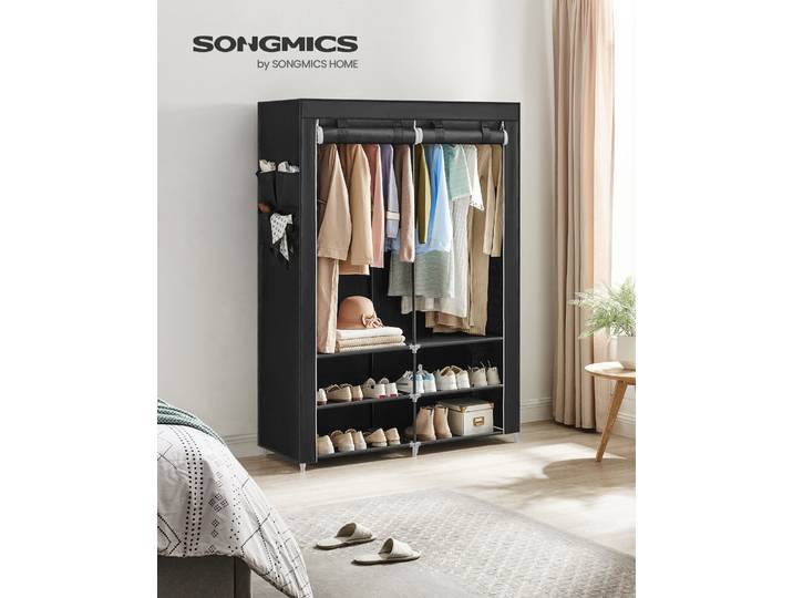 SONGMICS Stoffschrank, Kleiderschrank, 2 Hängefächer, mit Ablagen, 4 Seitentaschen, schwarz