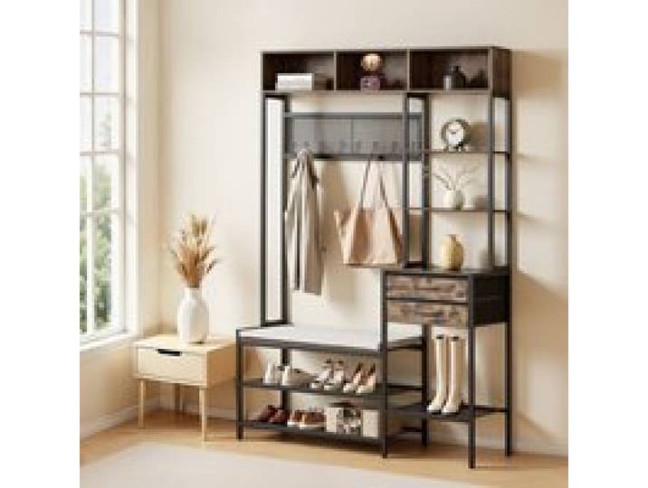 VEVOR Multifunktionale Flurgarderobe (120 x 40 x 180 cm) mit Schuhbank & 2 Schubladen, Garderobenständer mit Bücherablage & Metallgitter, Garderobe mit Stahlrahmen für Eingangsbereich Schlafzimmer