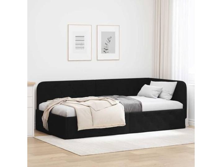 RJPLMFV Eckbettgestell, Schwarz, 90 x 200 cm, Stoff Polyester, weich, wendbar, umwandelbar in ein Schlafsofa, mit Lamellen