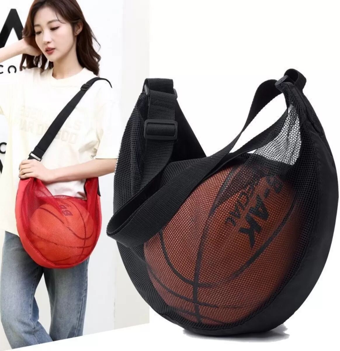INF Große Mesh-Fußball- und Volleyballtasche mit großer Kapazität - Ein-Schulter-Sling, Mehrfachfächer Sporttragebag Schwarz