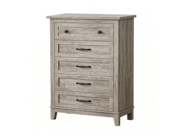 GarveeHome Hochkommode 105 cm 5 Schubladen Holz Stauraum Grau Schmale Form, Freistehend, Große Fächer, Standfüße justierbar, Flurbereich