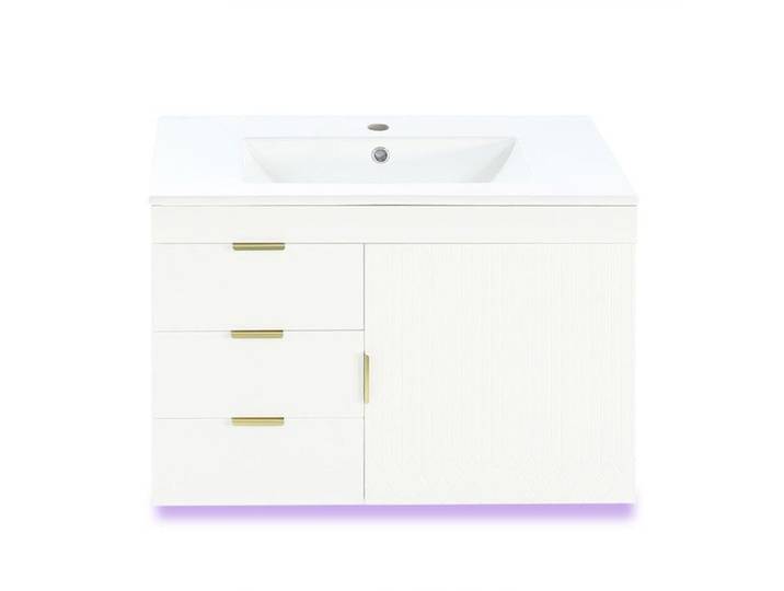 Meuble Vasque Mural Blanc 76x46x51cm MDF LED Pilotable App Fermeture Amortie Vasque Intégrée Sans Robinetterie