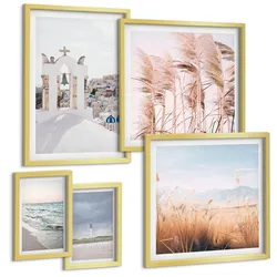 BILDER SET 5er Set - 50x50 cm & 20x30 cm & 40x60 cm Goldrahmen - Pflanzen, Meereswellen, Aussicht, Häuser