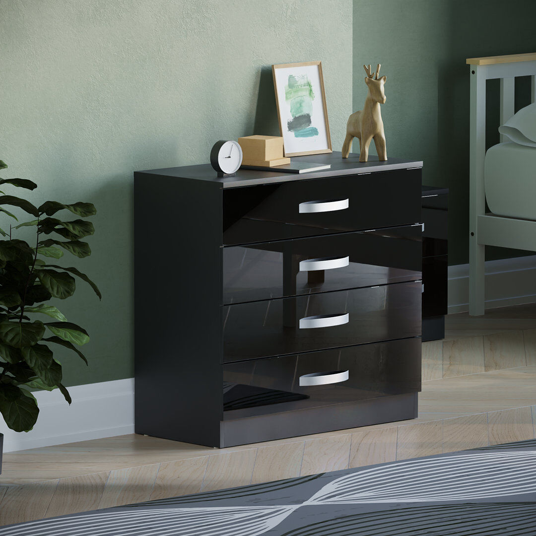 17 Stories Arkadij 4 - Drawer High Gloss Chest of Drawers With Metal Runners, Modern Bedroom Storage Cabinet Black 72cm H X 75cm W X 36cm D