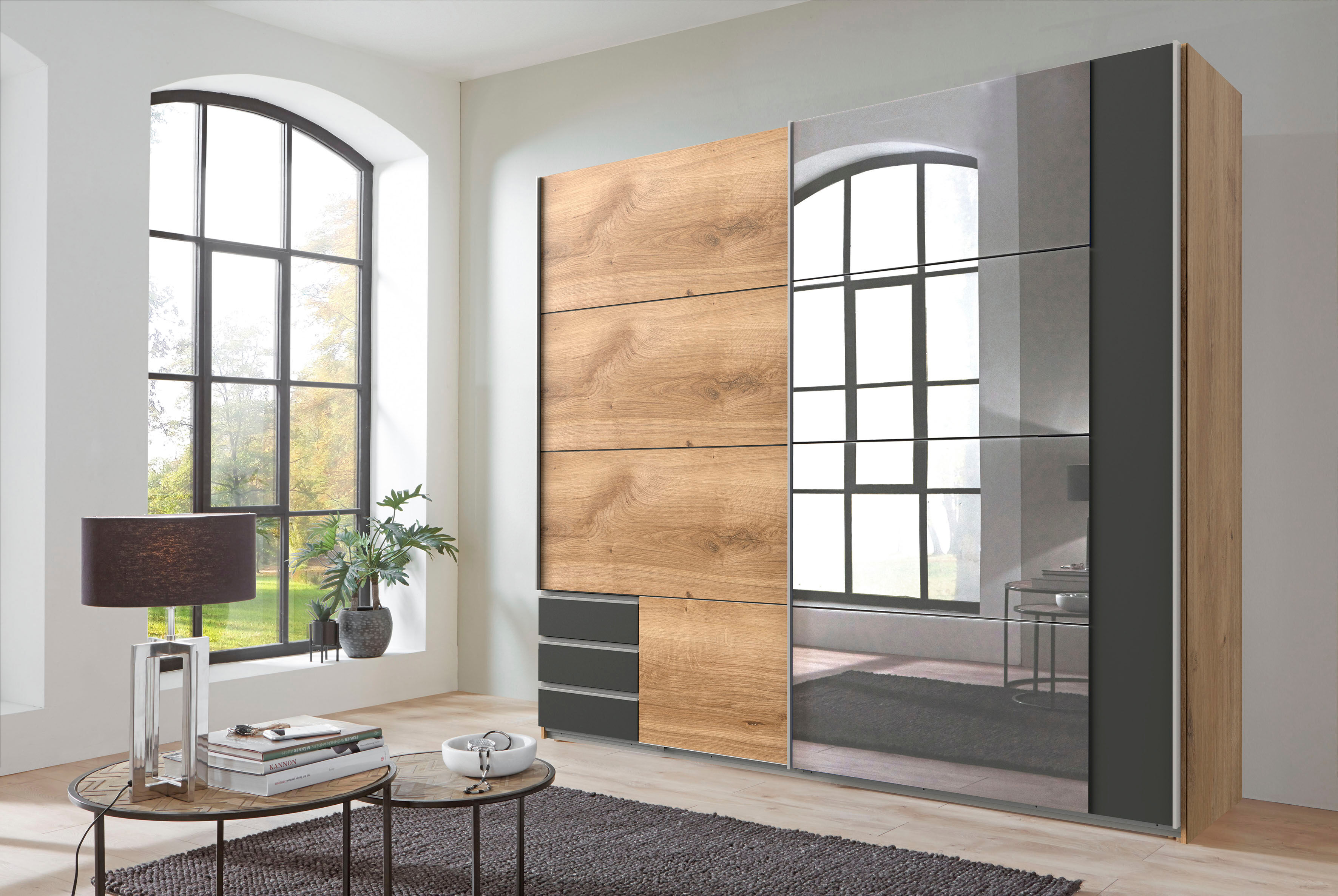 Schwebetürenschrank WIMEX "Emden moderner Kleiderschrank mit Spiegel und Schubladen", grau (plankeneiche nachbildung, graphit), B:225cm H:210cm T:64cm, Schränke, Schwebetürenschrank, Schlafzimmer Schrank Garderobenschrank mit Schwebetüren Topseller