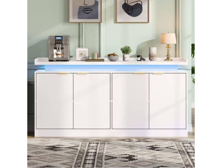 ULEVR Buffet de cuisine blanc MDF 4 portes avec LED RGB rangements ouverts 160 x 39 x 83 cm