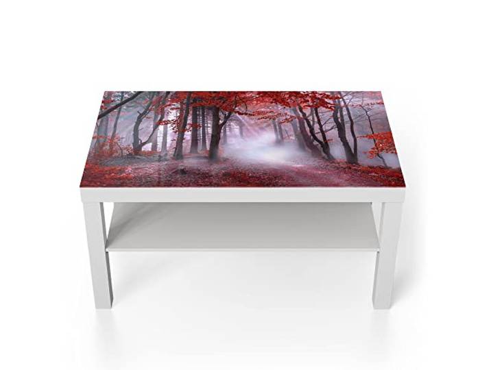 DEQORI Glastisch weiß groß 90x50 cm Motiv Roter Blätterwald ausgefallener Beistelltisch aus Glas Hochglanz Couchtisch fürs Wohnzimmer moderner Couch Tisch mit Design