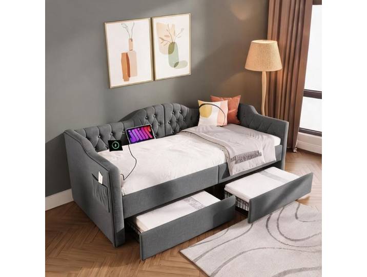 Méridienne capitonnée gris froid avec rangement USB-C et 2 tiroirs 90x200 cm