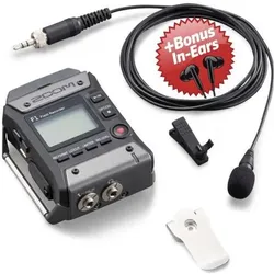Zoom F1-LP Field Rekorder mit Lavalier Mikrofon + Bonus In-Ear Kopfhörer, Audiorecorder, Schwarz
