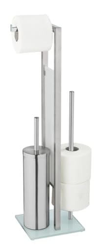 WENKO WC-garnituur Rivalta staande wc-set van roestvrij staal en wit veiligheidsglas met wc-borstel en toiletpapierhouder, mat zilver, H 70 x B 18 x D 23 cm