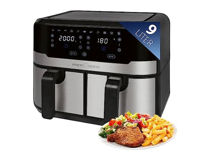 ProfiCook® Doppel-Heißluftfritteuse 9 Liter XXL Heißluftfritteuse Doppelkammer Frittieren mit heißer Luft ohne zusätzliches Öl 9 Programme Air Fryer Touchscreen 2400 Watt PC-FR 1242 H