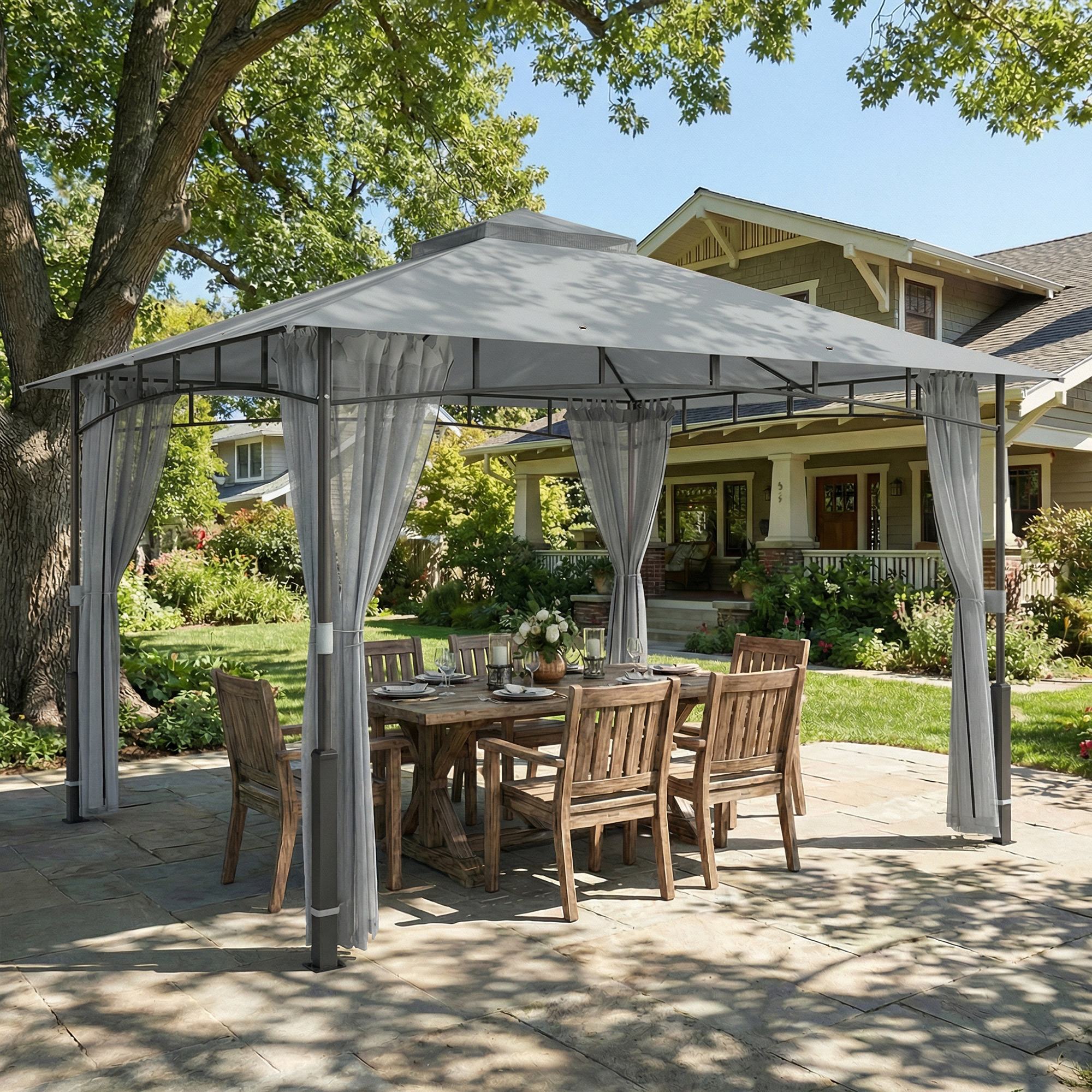 Outsunny Tenda per Giardino con Doppio Tetto Gazebo con Pareti a Rete UPF50+ per Esterno Terrazza 360x300x275 cm Grigio   Aosom Italy
