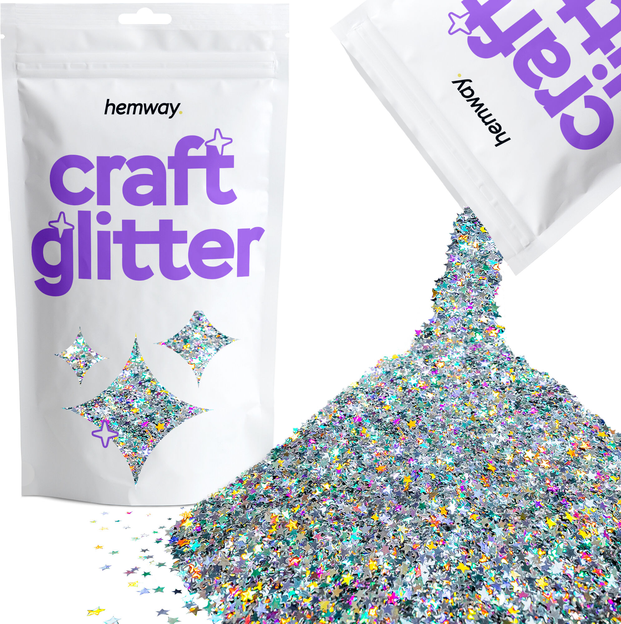 Hemway Craft Glitter 100g / 3.5oz   Silver Holographic Stars   Epoxy Resin, DIY, Tumbler, Decoration - Silver Holographic Stars - Shaped 100g