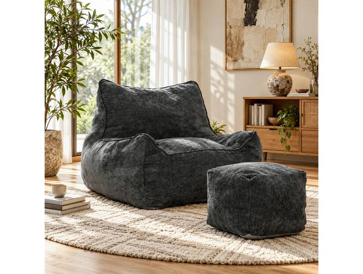 HOMCOM Pouf Fauteuil 1 Place Chenille Dossier Accoudoirs Gris