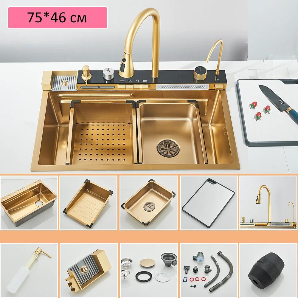 Küchenspüle Set - Doppelbecken - 304 Edelstahl - Aufsatzmontage - Armatur mit Digitalanzeige - Seifenspender & Gläserspüler - Gebürstetes Gold