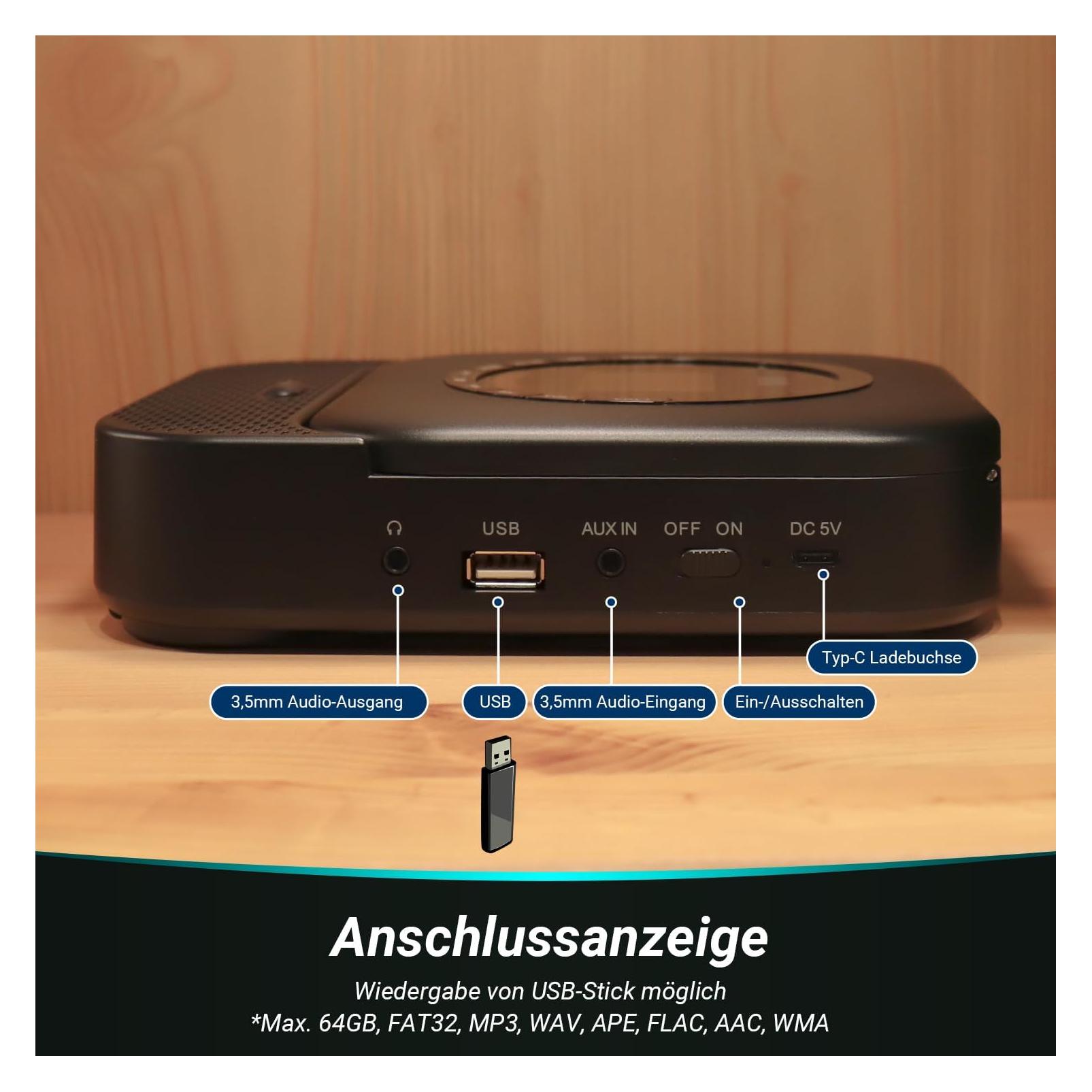 August Tragbarer Bluetooth CD-Player mit Lautsprecher (SE15B)