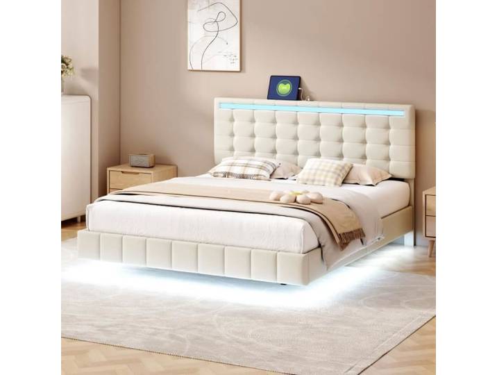 Lit rembourré flottant - DREAMMESPACE - 160x200cm - LED intégré - Beige