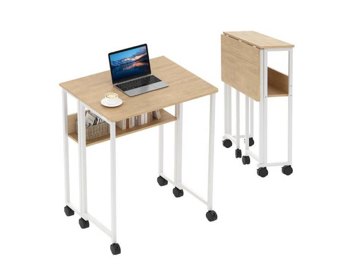 Bureau pliable compact - LUNSY - 80x50x75 cm - Pliable - Roulettes verrouillables - Étagère intégrée