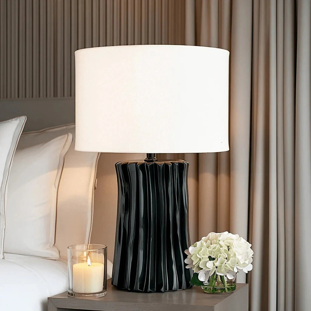 In Stock - Raelynn Black Pleated Table Lamp with White Linen Shade