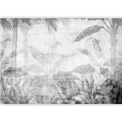 Artgeist, Tapete, Fototapete - Vanishing jungle - landscape of exotic trees and leaves in grey tones (200 x 140 cm)