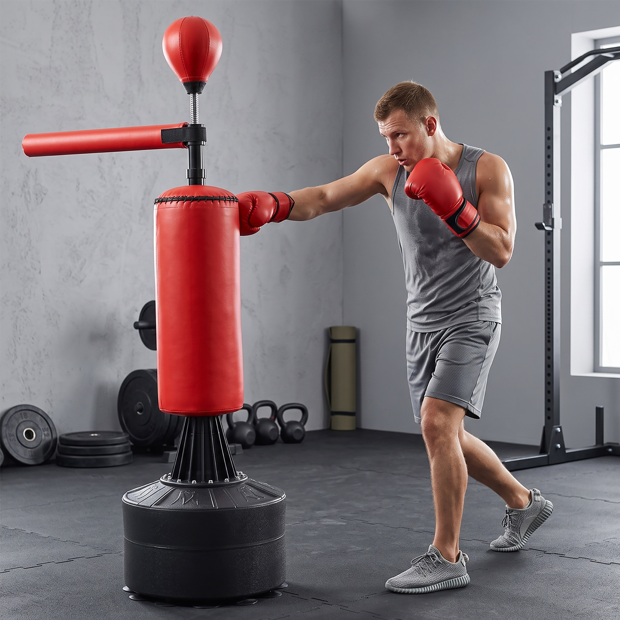 Homcom Sacco da Boxe ad Altezza Regolabile con Punching Ball e Base Riempibile, 88x48x155-205 cm, Rosso e Nero Aosom