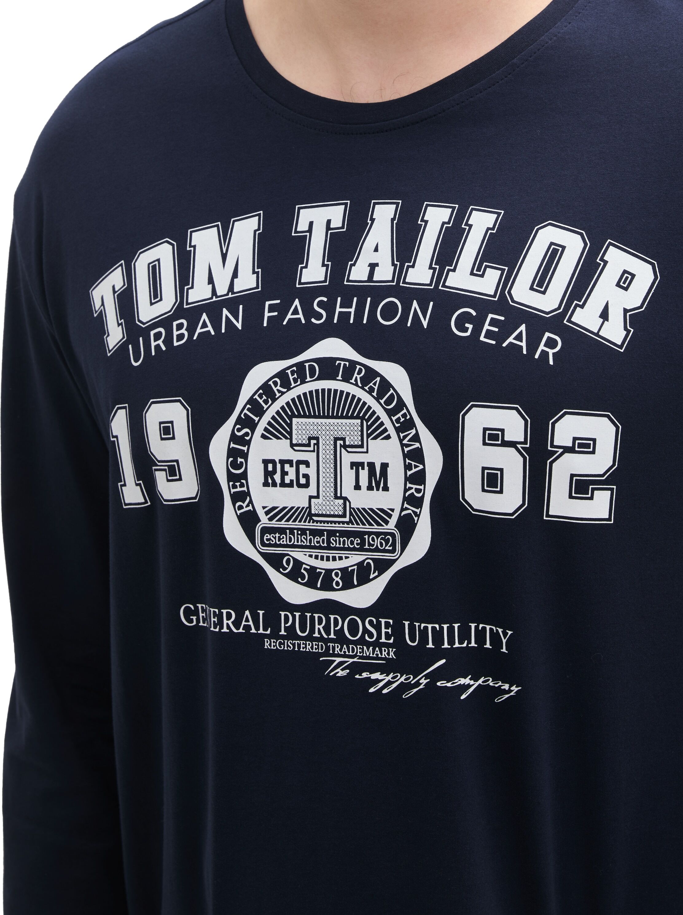 Langarmshirt TOM TAILOR PLUS, Herren, Gr. 4XL, sky captain blau, Single Jersey, Obermaterial: 100% Baumwolle, bedruckt, normal hüftbedeckend, Rundhals, abgesteppte Kante, Shirts Langarmshirt, mit Print/Grosse Grössen sky captain blau 4XL