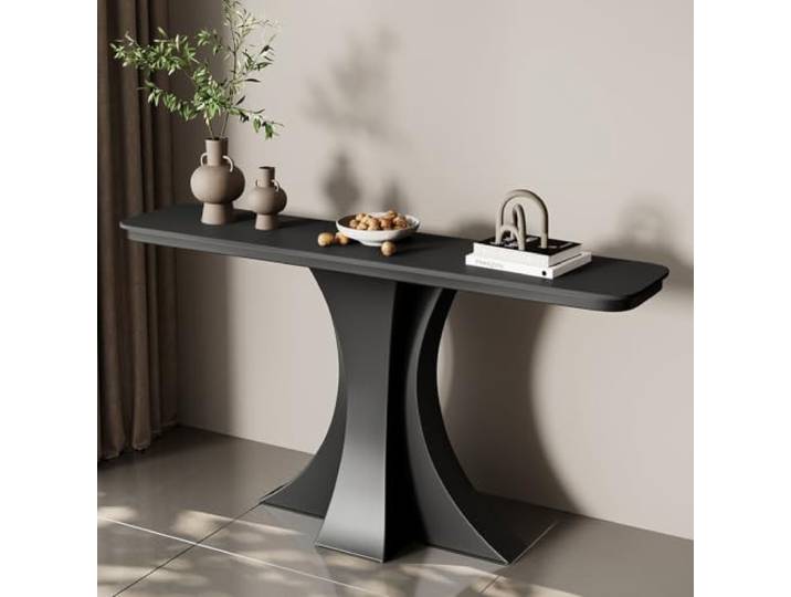 LJWFZBD Schmaler Konsolentisch Mit Sintersteinplatte, Flurtisch & Sofatisch Sinterstein-Oberfläche, Kratzfest, Metallgestell, Stabile Konstruktion, Modern(Black+black,39.4in(100cm))