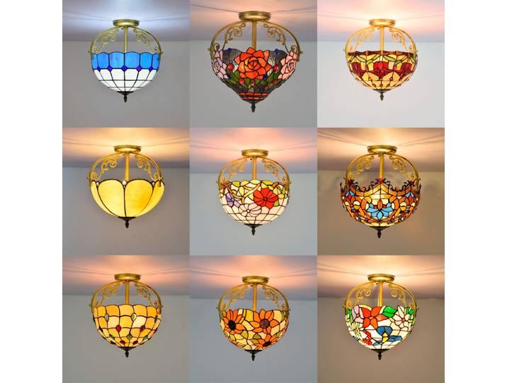 Plafonnier en vitrail style Tiffany, 12' de large, 2 lumières, applique semi-encastrée victorienne pour couloir, chambre, cuisine