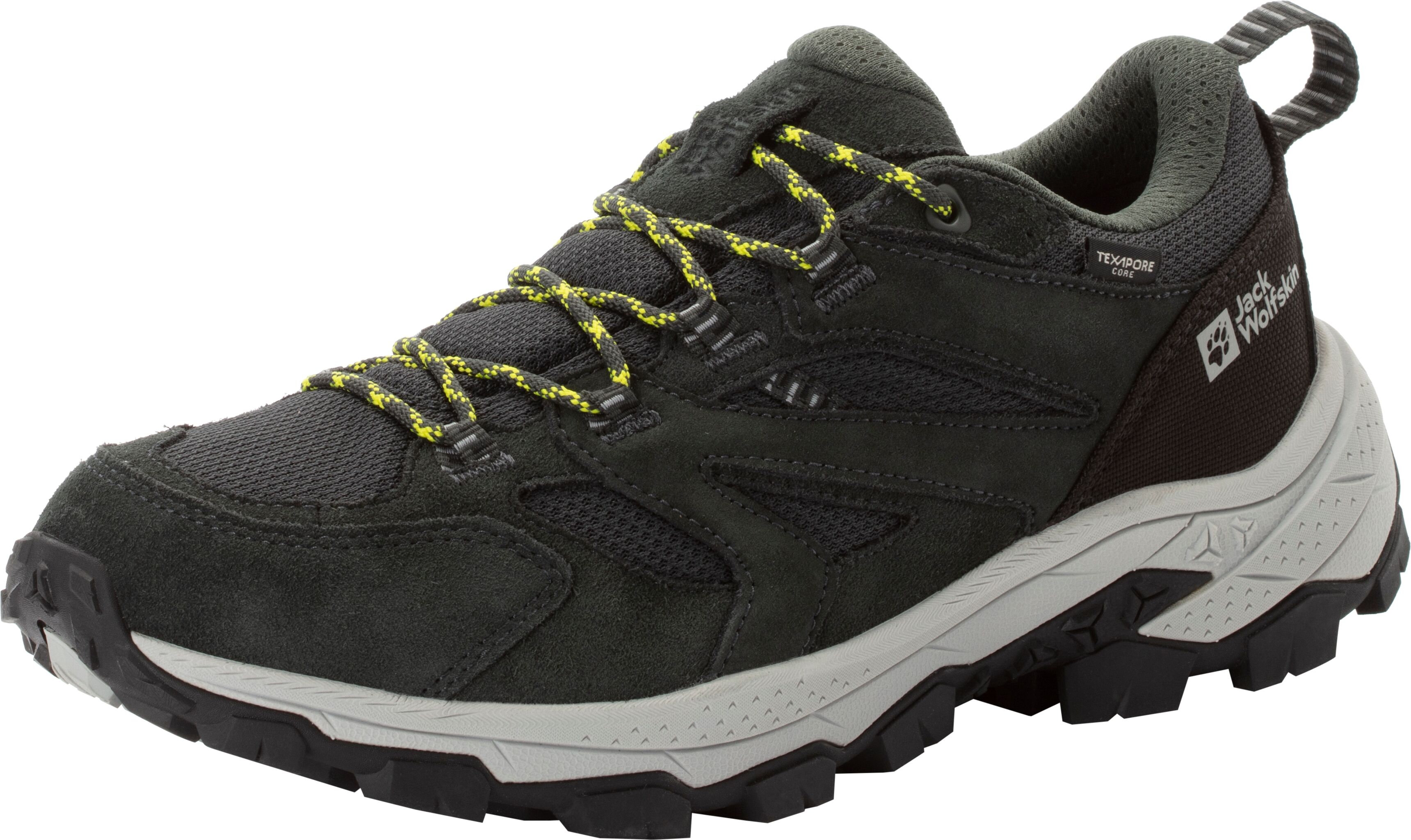 Wanderschuh JACK WOLFSKIN "VOJO TOUR TEXAPORE LOW M", Herren, Gr. 44,5, grün (schwarz forest), Synthetik, Textil, Schuhe Wanderschuh, Wasserdicht, Trekkingschuh schwarz forest 44,5