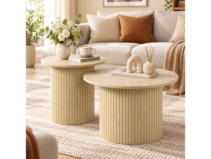 HOMCOM Tables d’Appoint Rondes Bois Cannelé 2 Pièces Chêne