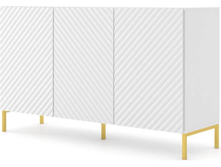 Commode SURF 3D 150 cm BLANC MATT Sideboard 3 portes avec façades MDF fraisées Highboard armoire buffet BEINE GOLDEN