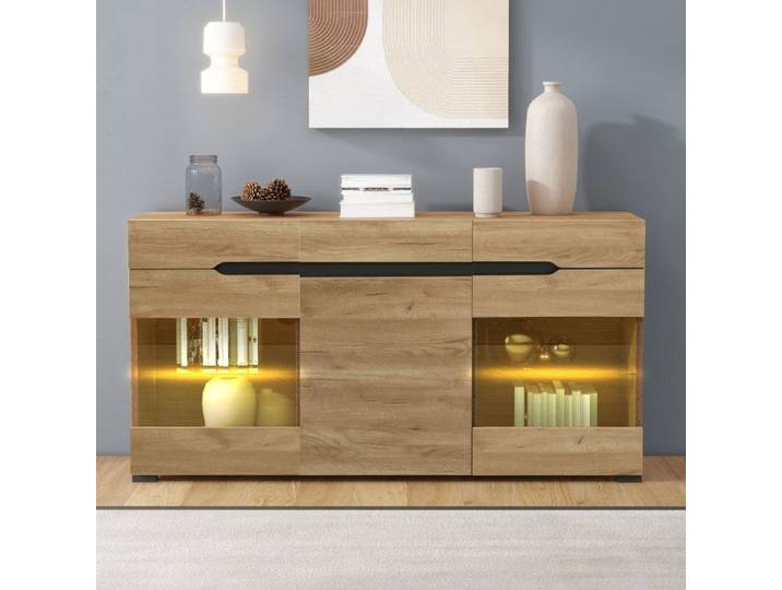 Buffet de salon avec éclairage LED 140 cm enfilade moderne aspect chêne 3 portes 3 tiroirs