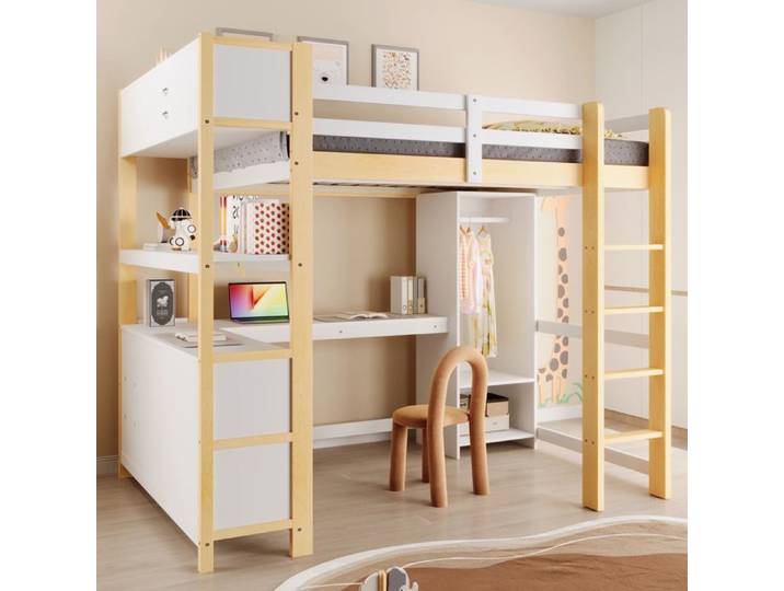 Lit mezzanine Enfant 140x200cm - avce Armoire + Étagères Lit avce plusieurs compartiments de rangement+bureau sans matelas Nature