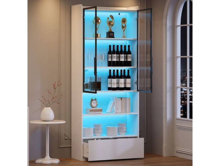 SENVIRO Vitrine Hochschrank 80x34x180cm avec tiroir et LED blanc