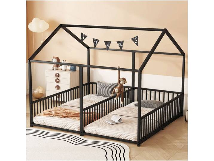 VUENOR lit superposé enfant 90x200 cm noir - maison garde-corps sans matelas