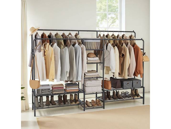 Portant amovible à Vêtements Armoire Ouverte Portemanteau avec 9 Étagères Cadre en Métal Tringle à Vêtements Noir