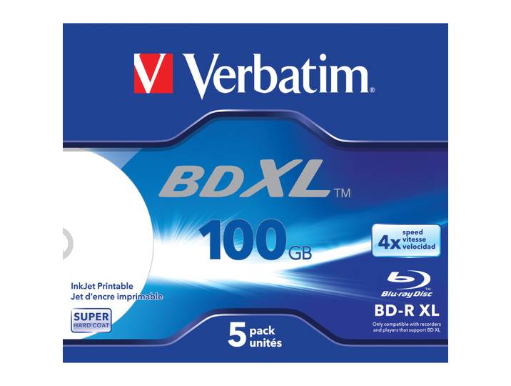 Verbatim BD-R XL 100 Go* 4x Wide Inkjet Printable Boîtier avec lot de 5, 100 Go, BD-R, Coffret à bijoux, 5 pièce(s) 43789