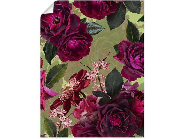 Poster ARTLAND Dunkle Rosen auf Grün , pink (farbe bild(er): pink), B:60cm H:80cm, Bilder, Poster, ohne Rahmen