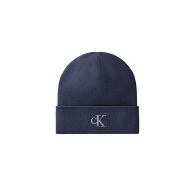 Strickmütze CALVIN KLEIN "CK FINE RIB BEANIE", Damen, blau (blau nights), Strick, Viskosemischung, Mützen Strickmütze, mit Markenlogo