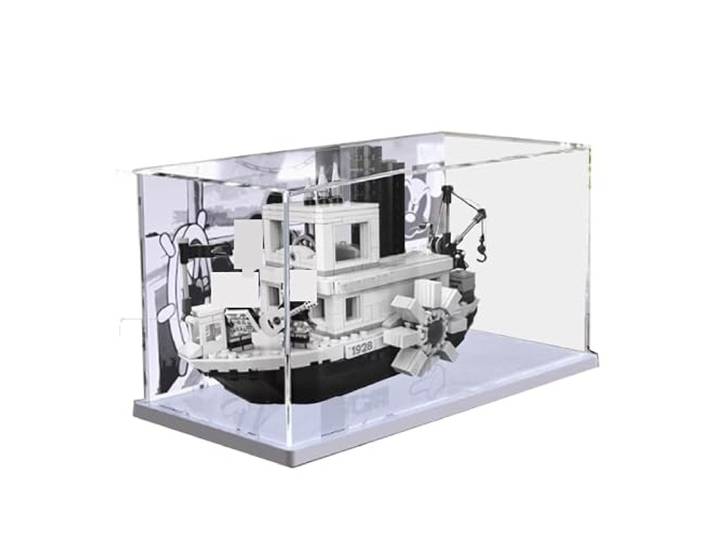 HCAEIOFJ Transparente Acryl-Vitrine für Lego Ideas 21317, anwendbar für Disne Willie SteamBoat Abenteuer, Displaybox, Geschenk (nur Vitrine) (weiße Unterseite + Hintergrund)