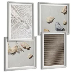 BILDER SET 4er Set - 50x50 cm & 40x60 cm Silberner Rahmen - Natürliche Texturen Holz Steine