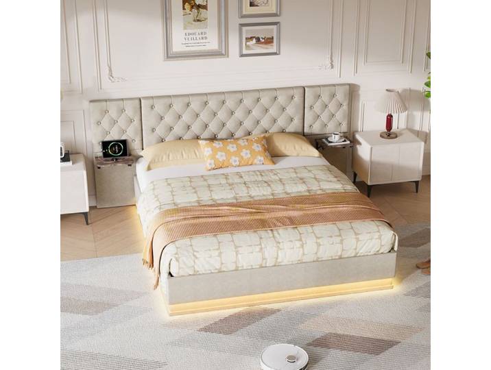 Lit 140x200 cm beige avec deux têtes vintage bois RGB LED télécommande app boutons modes musique et micro.