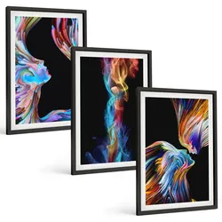 BILDER SET 3er Set - 40x60 cm Schwarzer Rahmen - Bunte abstrakte Gesichter