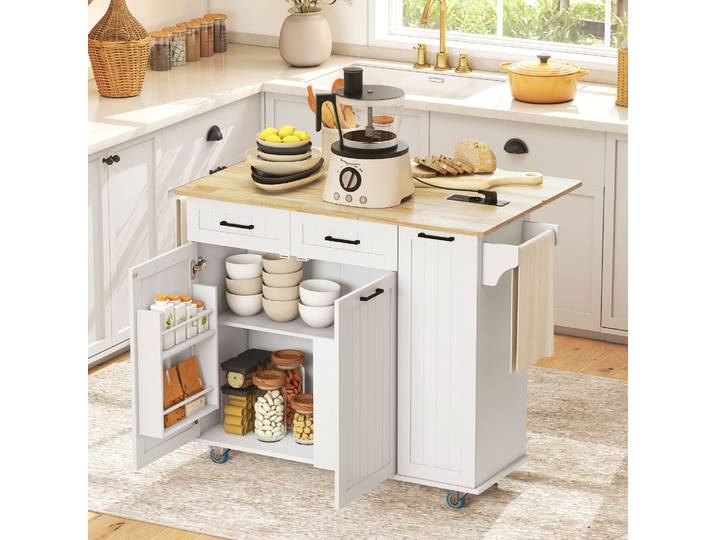 HOMCOM Îlot Cuisine Mobile Blanc avec USB, Prise et Tablette