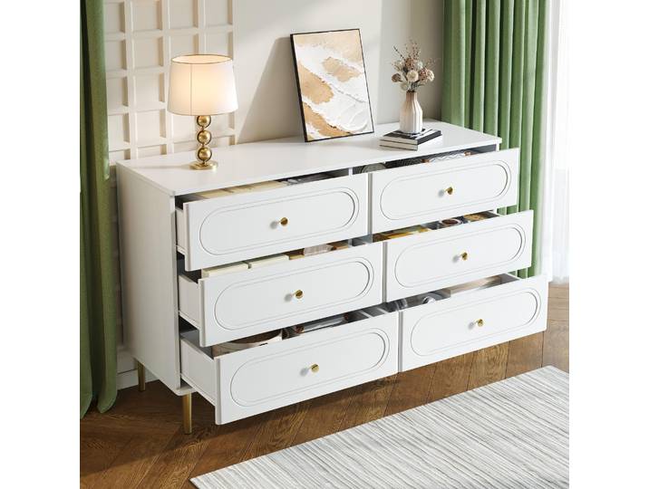 STILVORA Sideboard mit 6 Schubladen und ovalen Vertiefungen, Kommode mit Metallfüßen, Aufbewahrungsschrank modern für Wohnzimmer