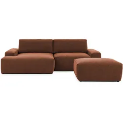 ECKSOFA inkl. Hocker Lennon aus Braun Strukturstoff mit Schlaffunktion und Bettkasten