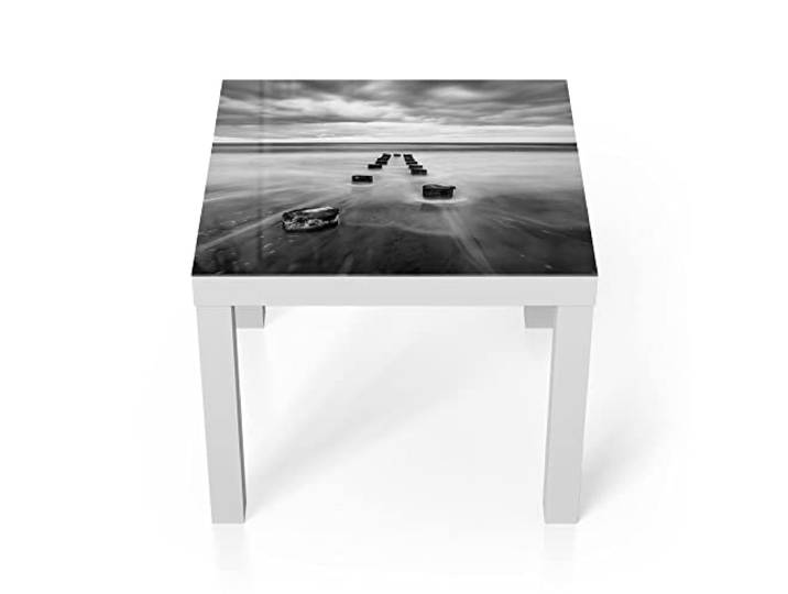 DEQORI Glastisch weiß klein 55x55 cm Motiv Wellenbrecher im Meer ausgefallener Beistelltisch aus Glas Hochglanz Couchtisch fürs Wohnzimmer moderner Couch Tisch mit Design