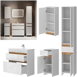 Vicco Badmöbel-Set Detmold Weiß Hochglanz Eiche 80 cm 5 Teile