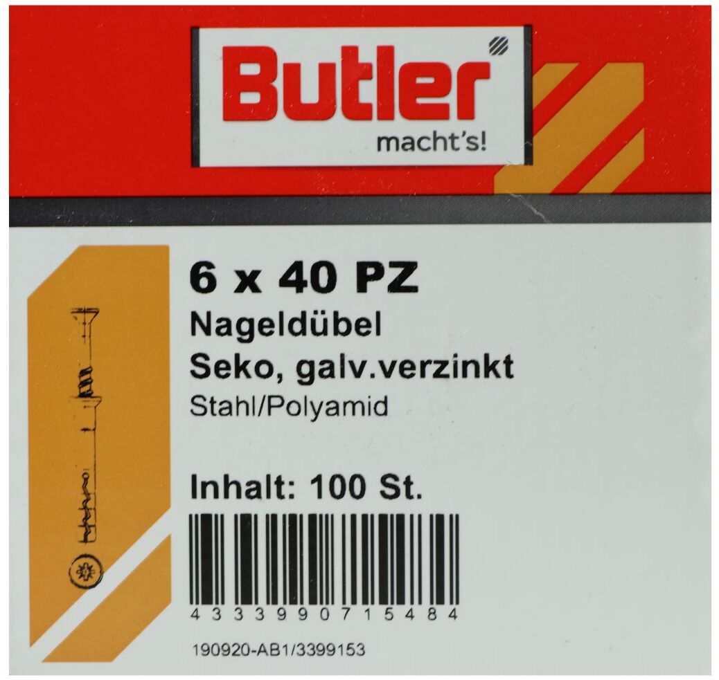 REYHER Butler macht's! Nageldübel, Stahl / Polyamid, Senkkopf, galvanisch verzinkt 6 x 40 mm, 100 Stück